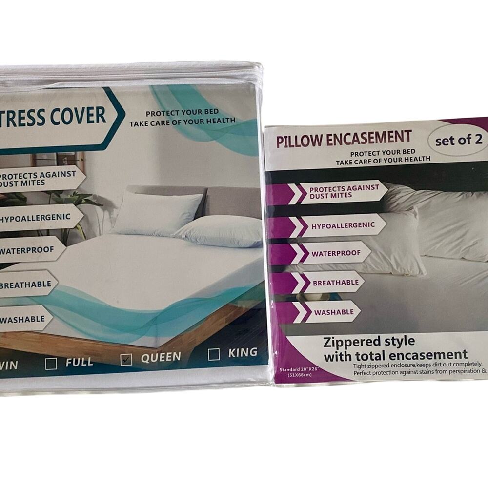 New Queen Hypoallergenic Mattress Encasement and 2 Pillow Protectors Set